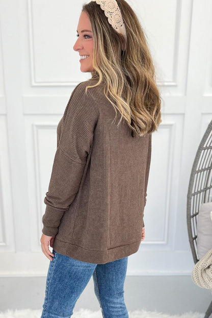 Dark Brown Turtleneck Ribbed Texture Knitted Drop Shoulder Pullover Loose Top