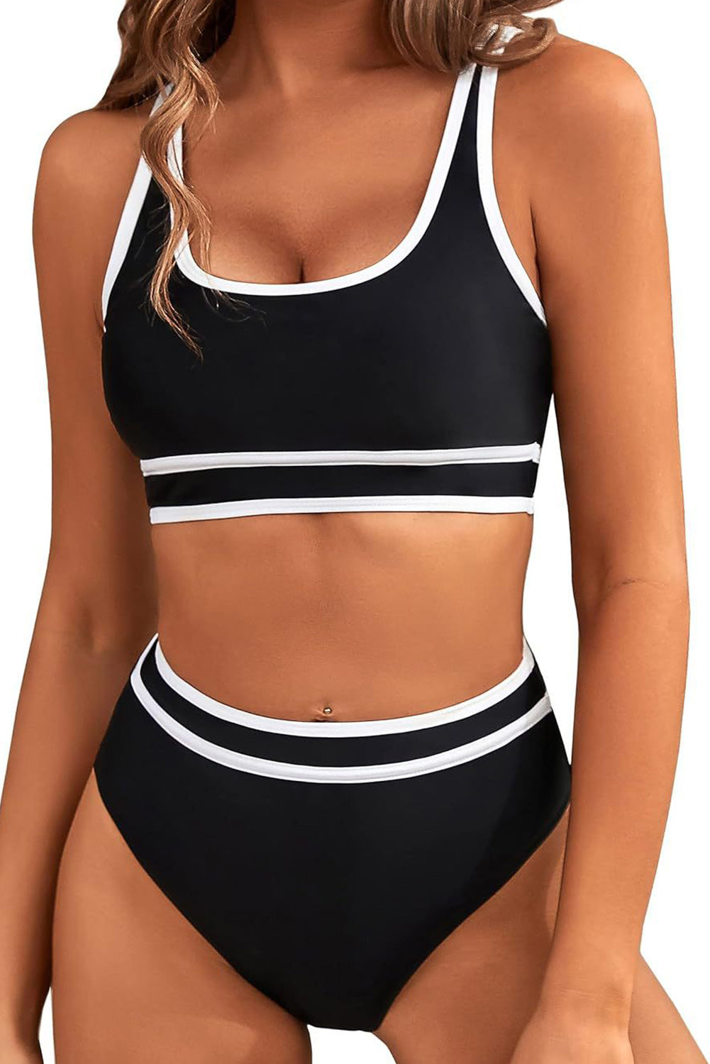 Elegant Black High Waist Bikini with Colorful Trim
