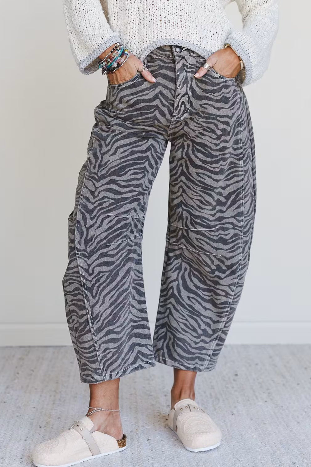 Gray Zebra Stripe Printed Wide Leg Jeans