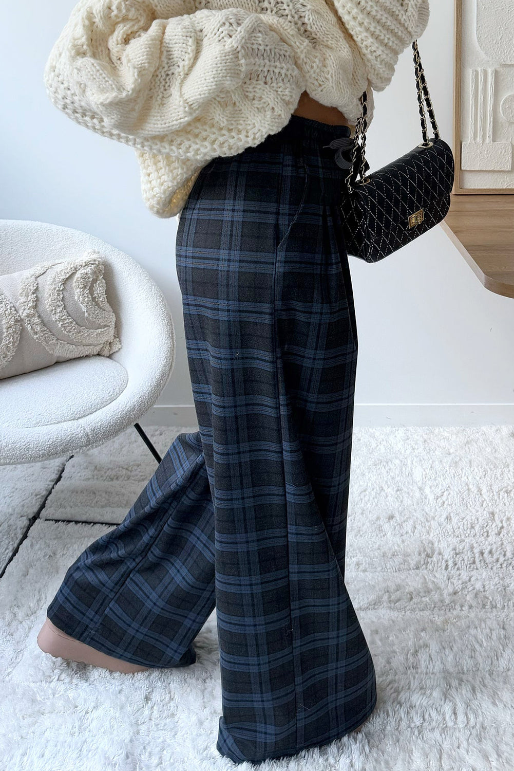 Navy Blue Plaid Print Pleated Wide Leg Drawstring Pants