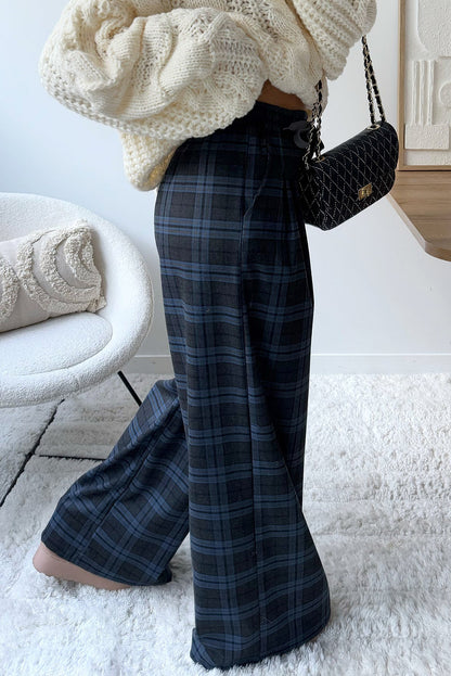 Navy Blue Plaid Print Pleated Wide Leg Drawstring Pants