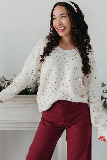 White Sequin Confetti V Neck Drop Shoulder Sweater