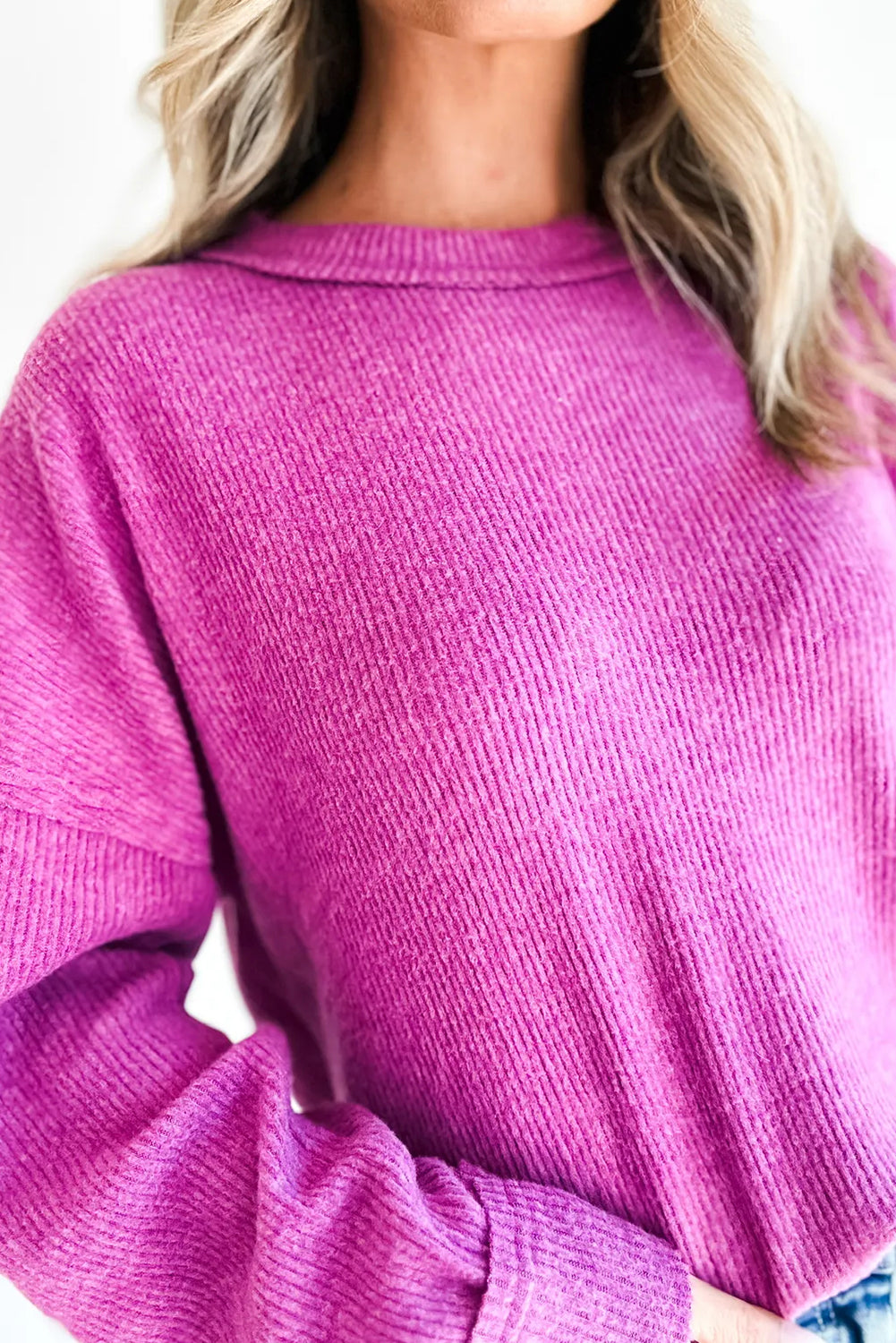 Bright Pink Solid Color Ribbed Knit Raw Seam Long Sleeve Top