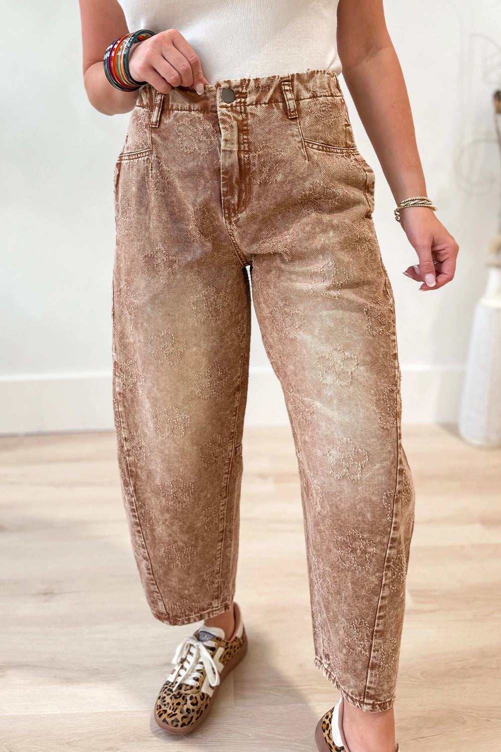 Straw Yellow Mineral Wash Flower Embellished Ankle-length Barrel Jeans