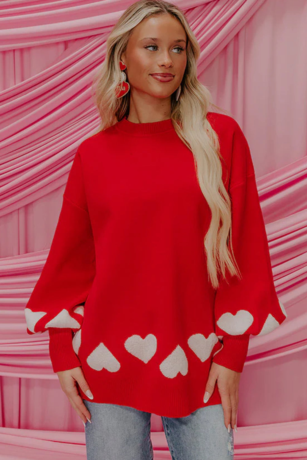 Fiery Red Contrast Heart Pattern Lantern Sleeve Tunic Sweater
