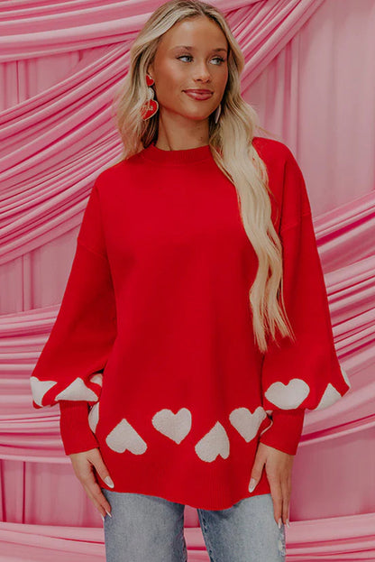 Fiery Red Contrast Heart Pattern Lantern Sleeve Tunic Sweater