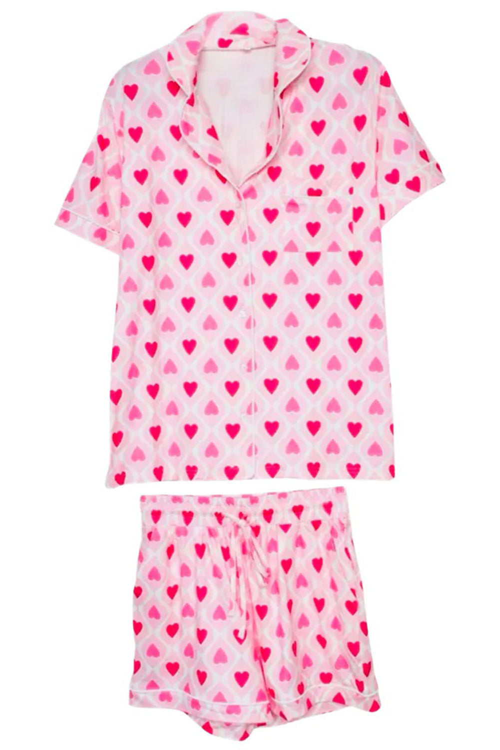 Pink Geometric Heart Print Lapel Shirt Short 2pcs Pajama Set
