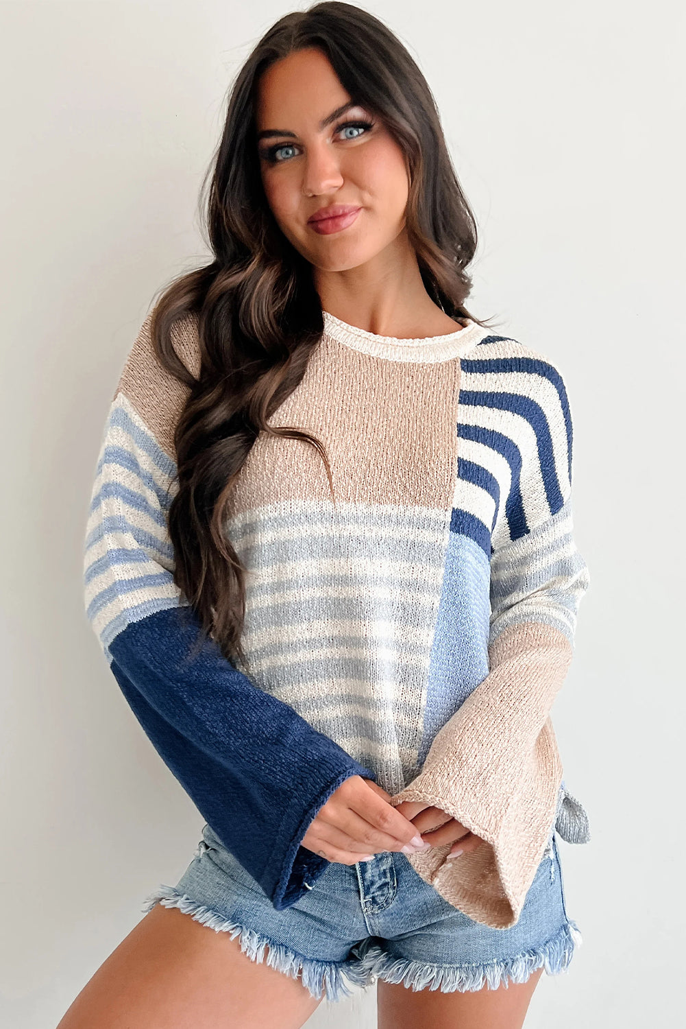 Sky Blue Stripe Color Block Knit Drop Shoulder Casual Sweater
