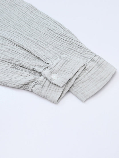 Gray Crinkle Texture Henley Top with Loose Fit