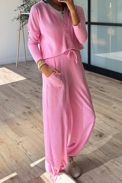 Sachet Pink Waffle Cropped Cardigan Tie Hem Wide Leg 2pcs Lounge Pant Set