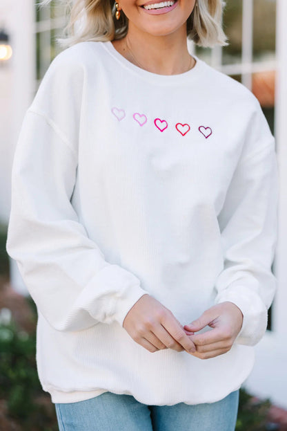 White 3d Ribbed XOXO Heart Embroidered Drop Shoulder Sweatshirt