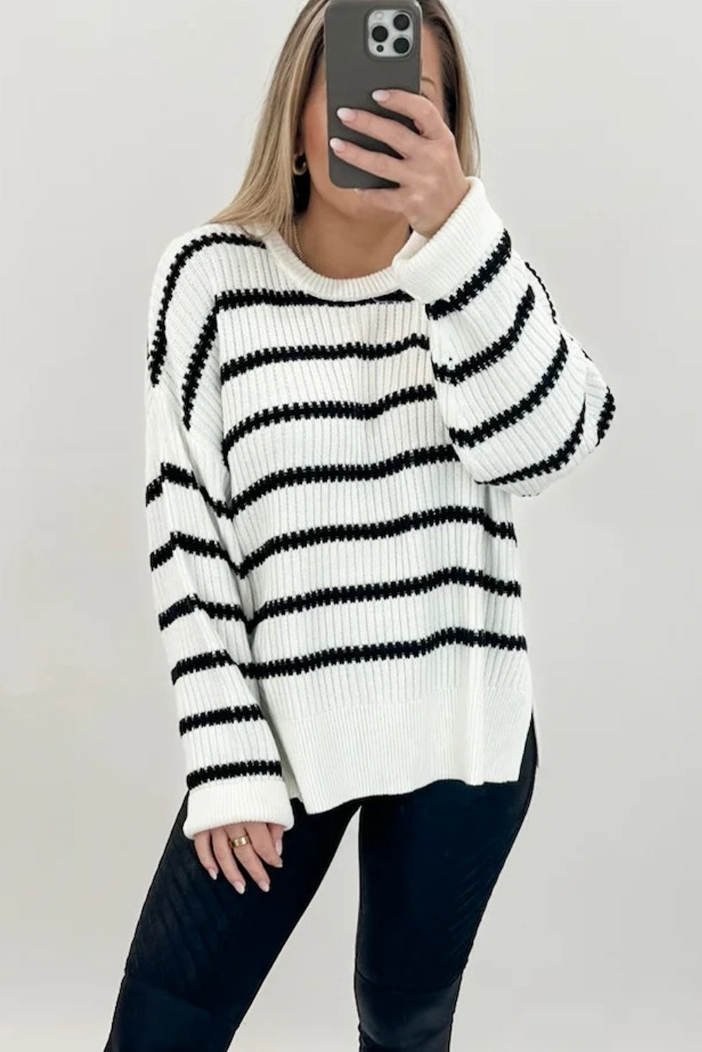 Black Stripe Ribbed Knit Drop Shoulder Loose Sweater