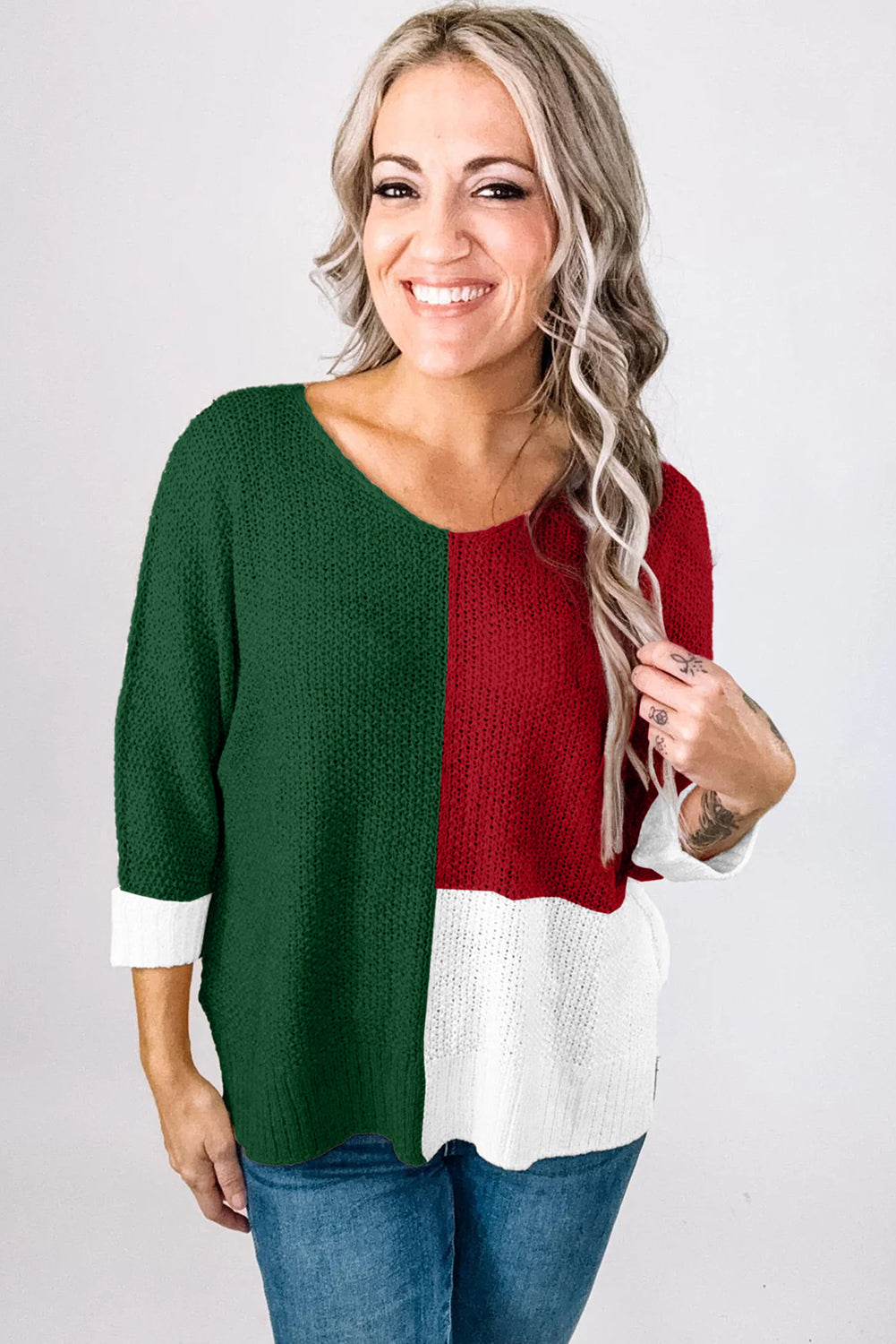 Evergreen Color Block Knit V Neck Loose Sweater