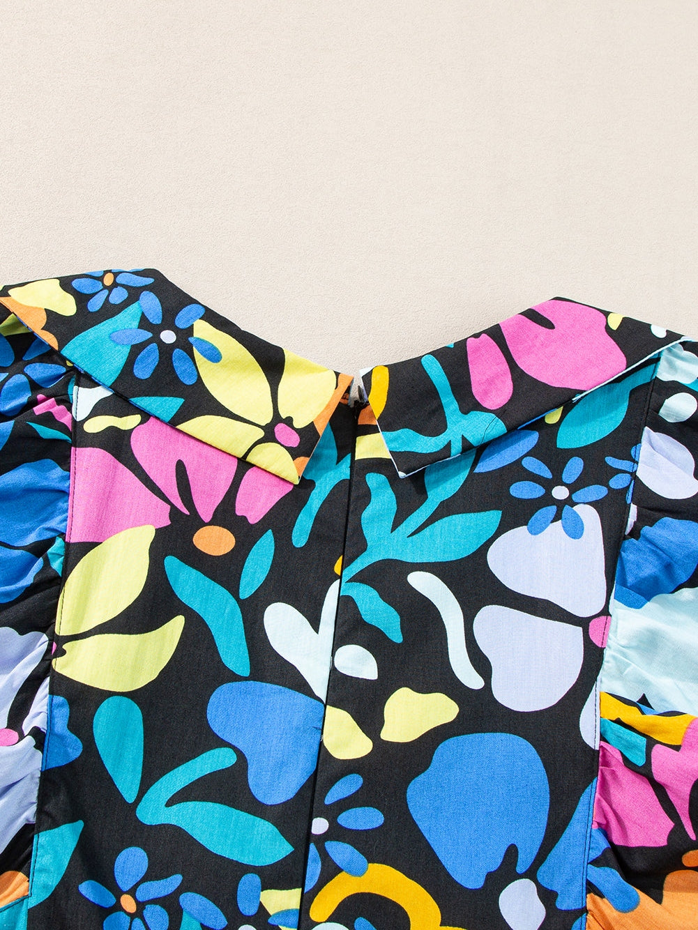 Blue Floral Split Neck Plus Size Collared Mini Dress