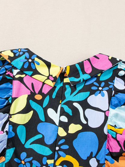 Blue Floral Split Neck Plus Size Collared Mini Dress