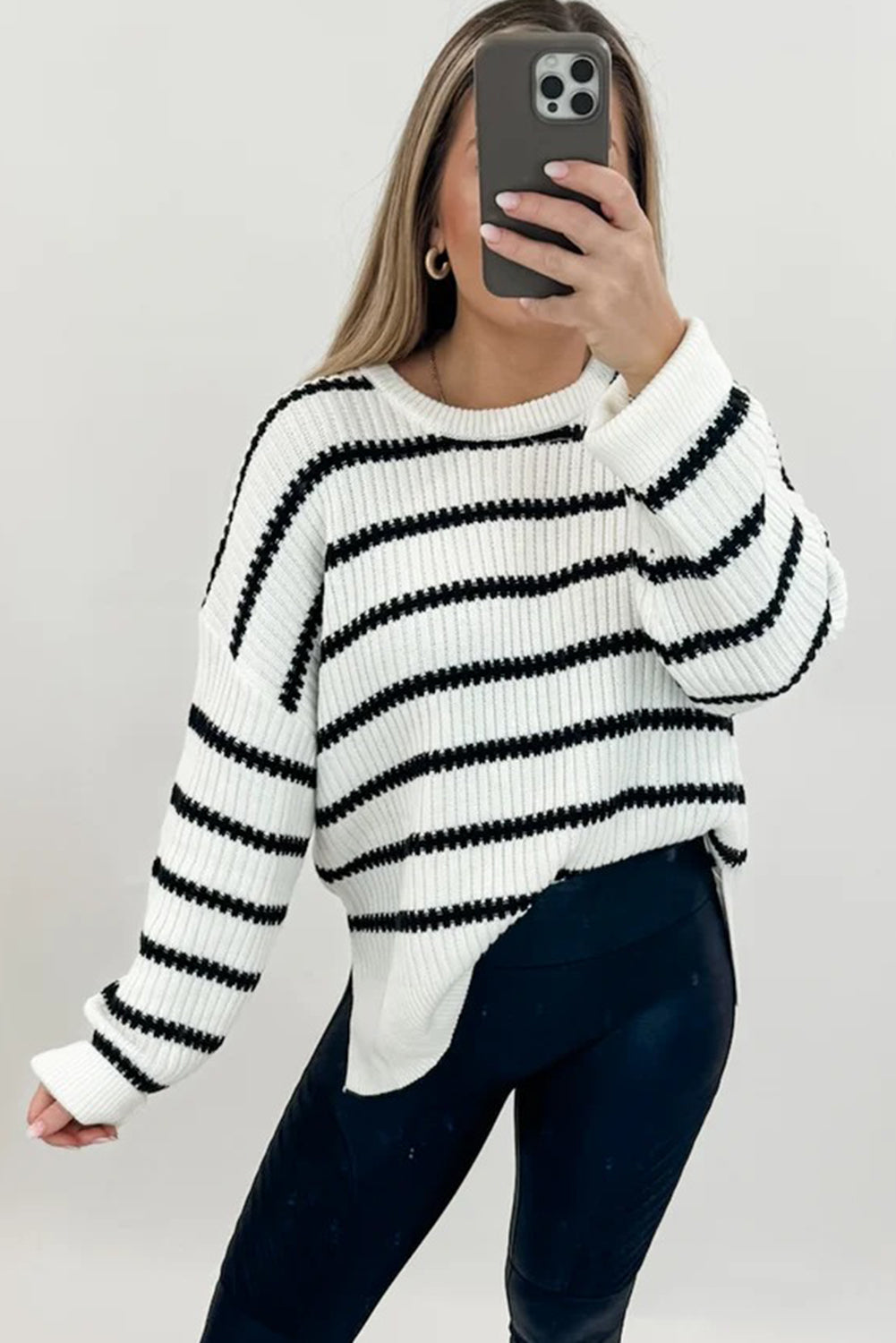Black Stripe Ribbed Knit Drop Shoulder Loose Sweater