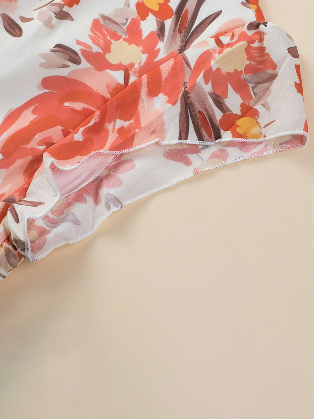 Vibrant Crimson Frilled Neck Ruffle Sleeveless Floral Dress