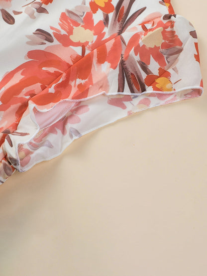 Vibrant Crimson Frilled Neck Ruffle Sleeveless Floral Dress