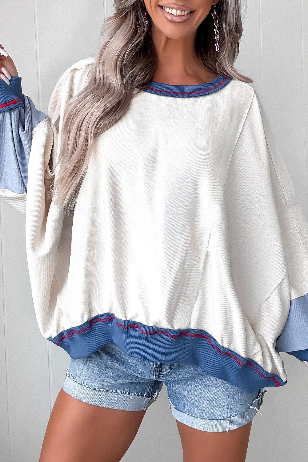 Beige Colorblock Contrast Trim Oversize Sweatshirt