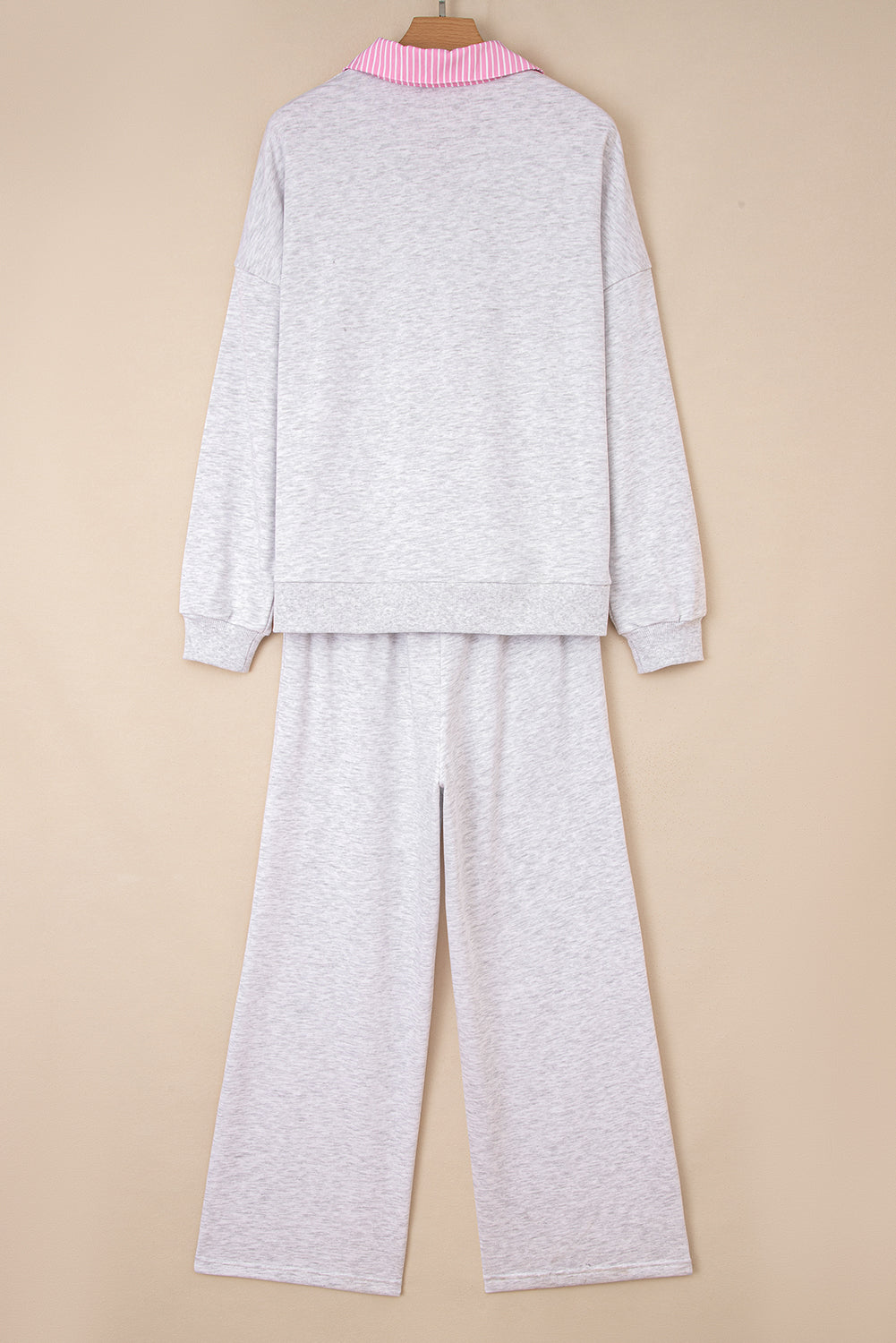 Light Grey 2pcs Contrasted Trim Frilled Collar Drop Shoulder Pullover Drawstring Pant Set