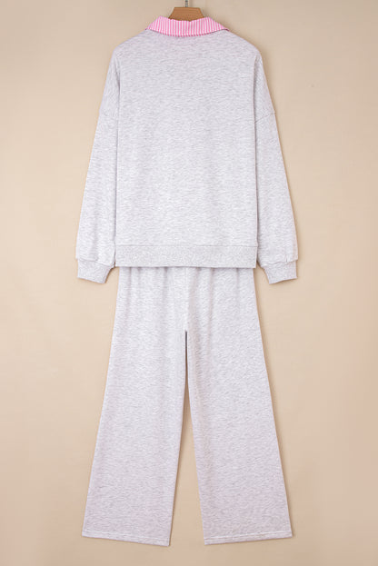 Light Grey 2pcs Contrasted Trim Frilled Collar Drop Shoulder Pullover Drawstring Pant Set