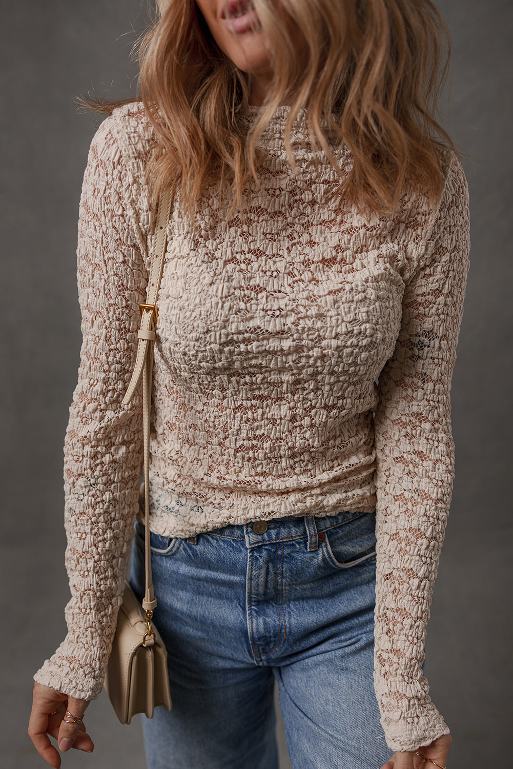 Jet Stream Lace Textured Mock Neck Long Sleeve Slim Top
