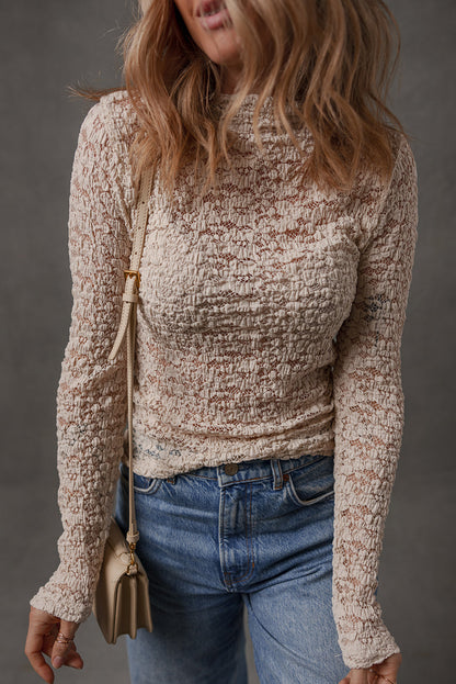 Jet Stream Lace Textured Mock Neck Long Sleeve Slim Top