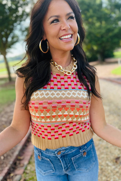 Khaki Playful Geometry Knit Slim Sweater Tank Top