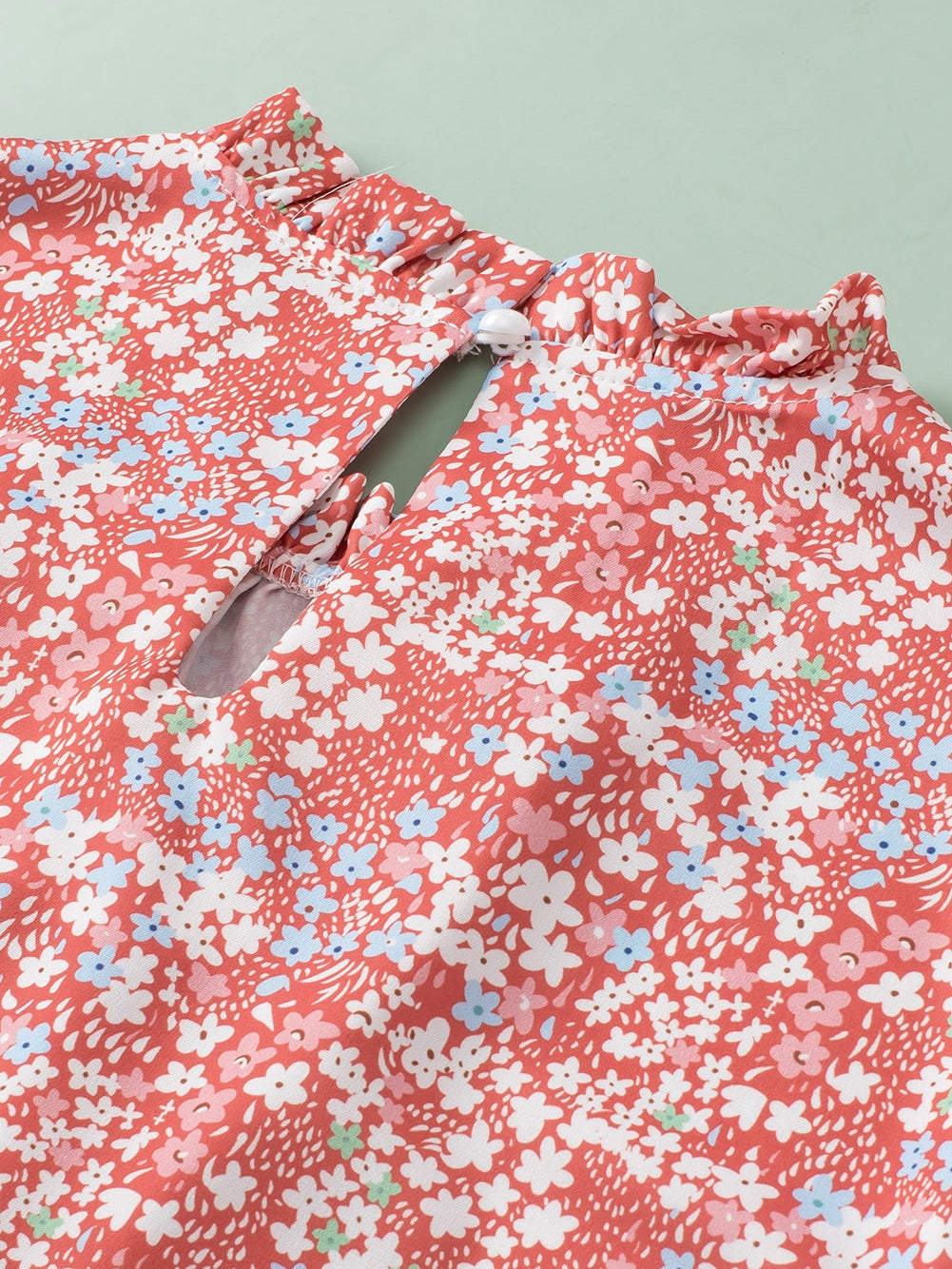 Pink Plus Size Floral Print Ruffled Sleeve Frilled Neck Blouse