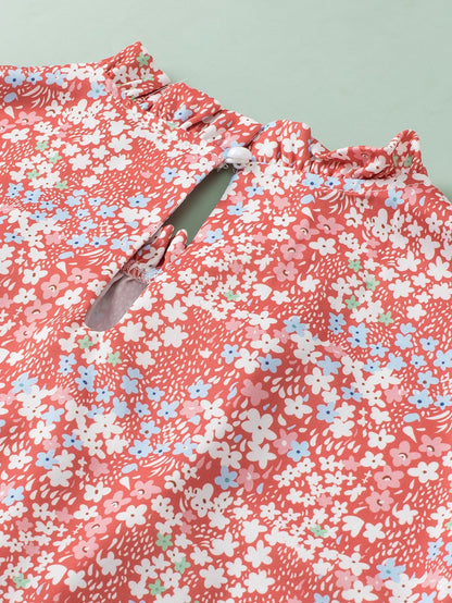 Pink Plus Size Floral Print Ruffled Sleeve Frilled Neck Blouse