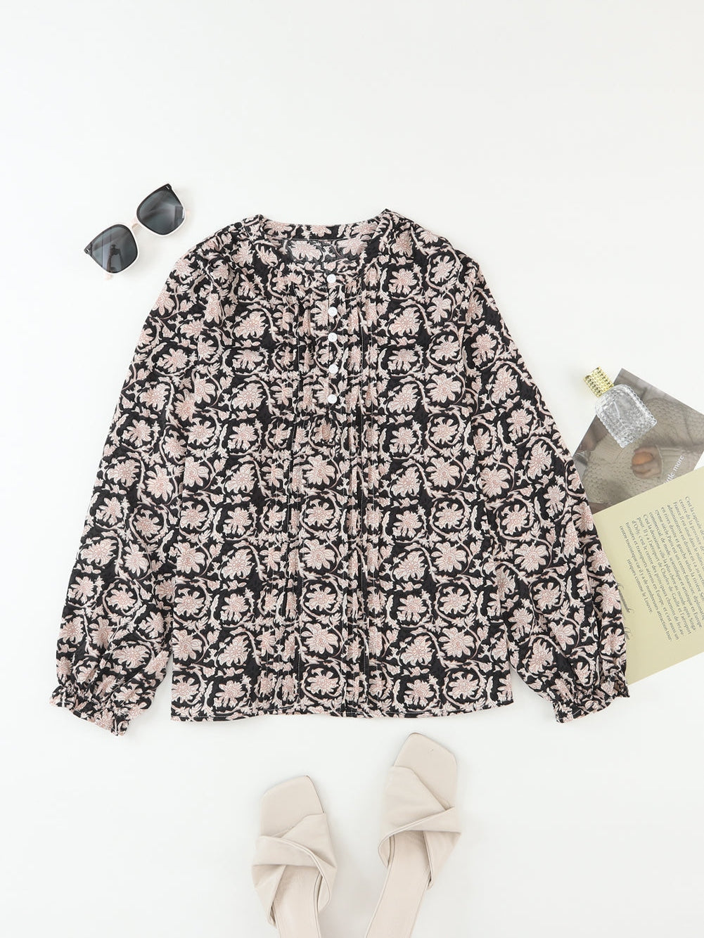 Elegant Black Floral V-Neck Pleated Blouse with Puff Sleeves