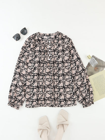 Elegant Black Floral V-Neck Pleated Blouse with Puff Sleeves