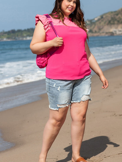 Strawberry Pink Textured 2-Tone Patchwork Frill Neck Ruffled Trim Plus Blouse