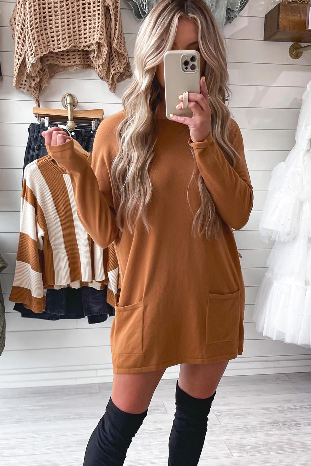 Chestnut Double Patch Pocket Drop Shoulder Long Sleeve Mini T Shirt Dress
