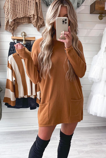 Chestnut Double Patch Pocket Drop Shoulder Long Sleeve Mini T Shirt Dress