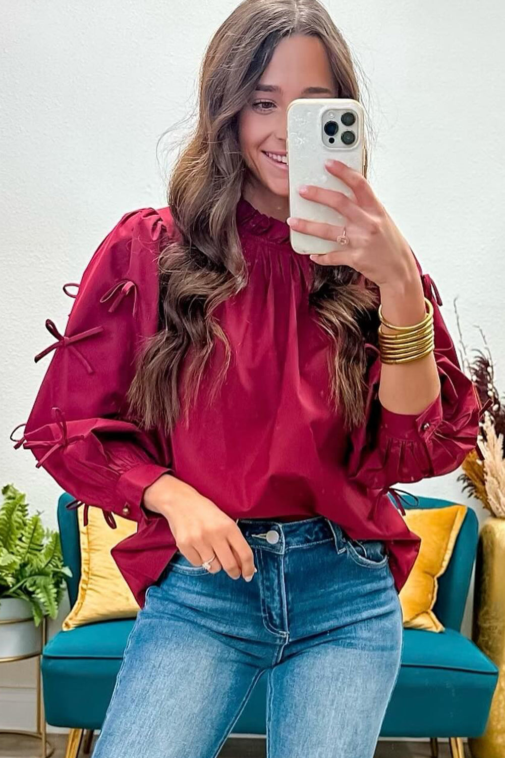 Red Dahlia Frilled Neck Bow Detail Long Slevee Blouse