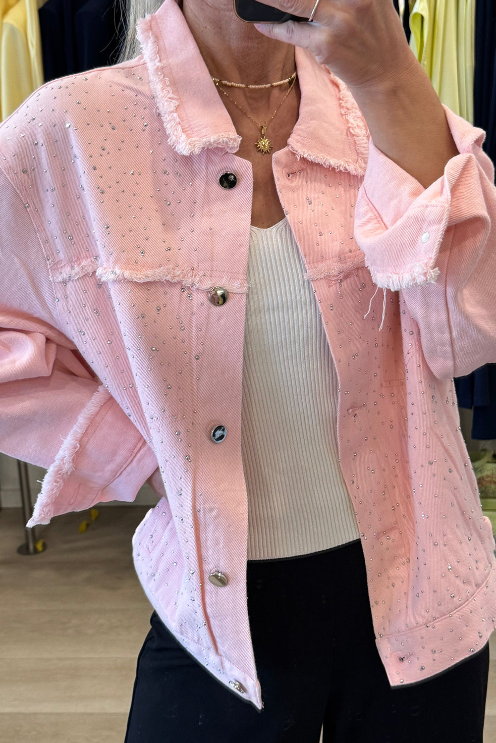 Light Pink Rhinestone Decor Raw Edge Loose Denim Jacket