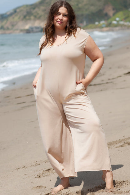 French Beige Wide Leg Jumpsuit with Cap Sleeves and Round Neck