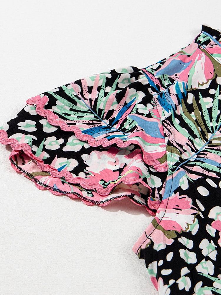 Floral Flared Dress with Multicolour Ric-rac Trim