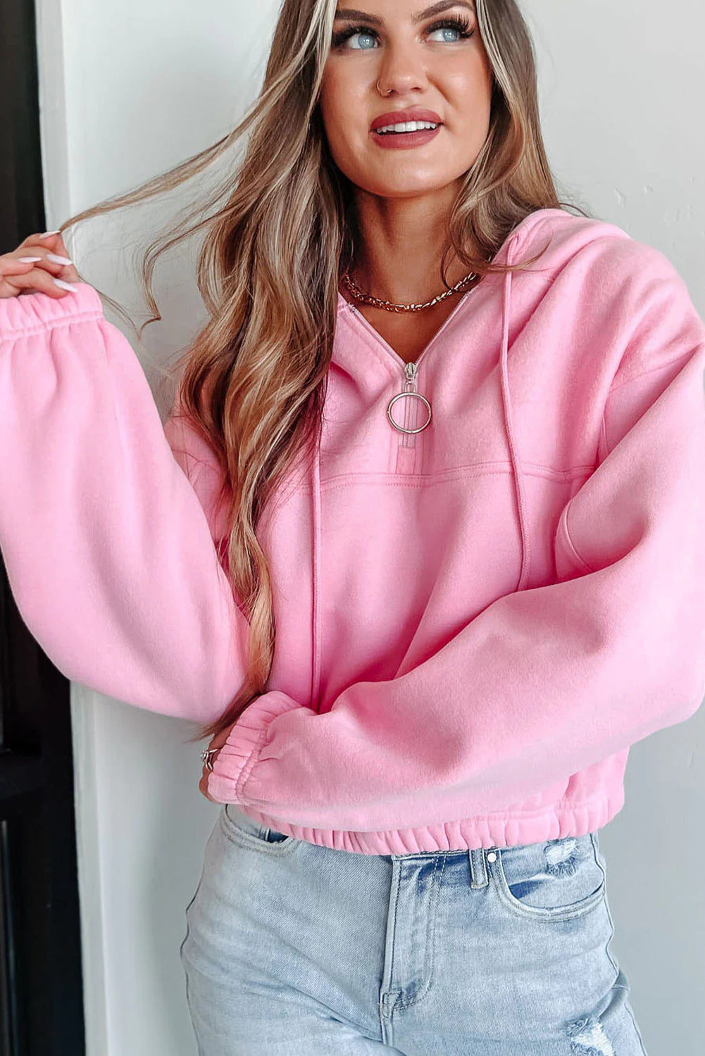 Pink Cropped Quarter Zip Drop Shoulder Hooded Sweatshirt