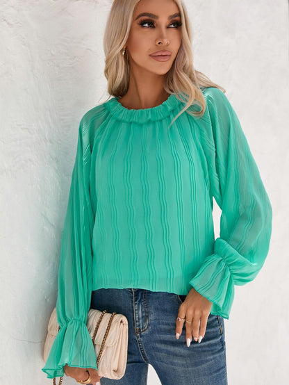 Green Chic Pleated Sleeve Blouse With Flared Cuffs