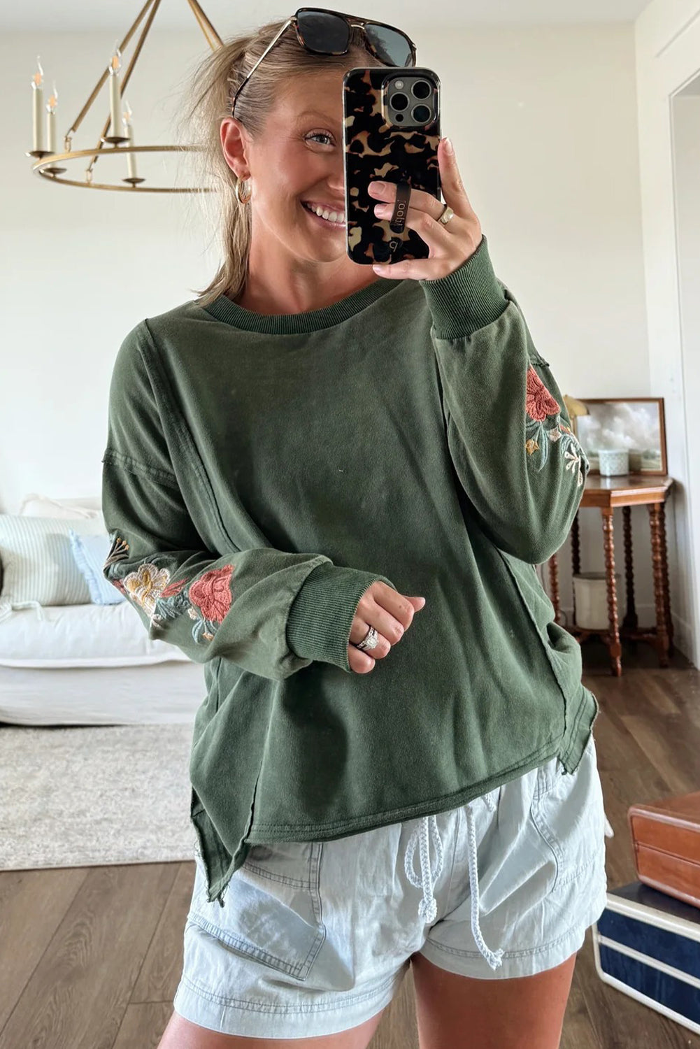 Mist Green Mineral Wash Drop Shoulder Floral Embroidered Sleeve Raw Edge Sweatshirt