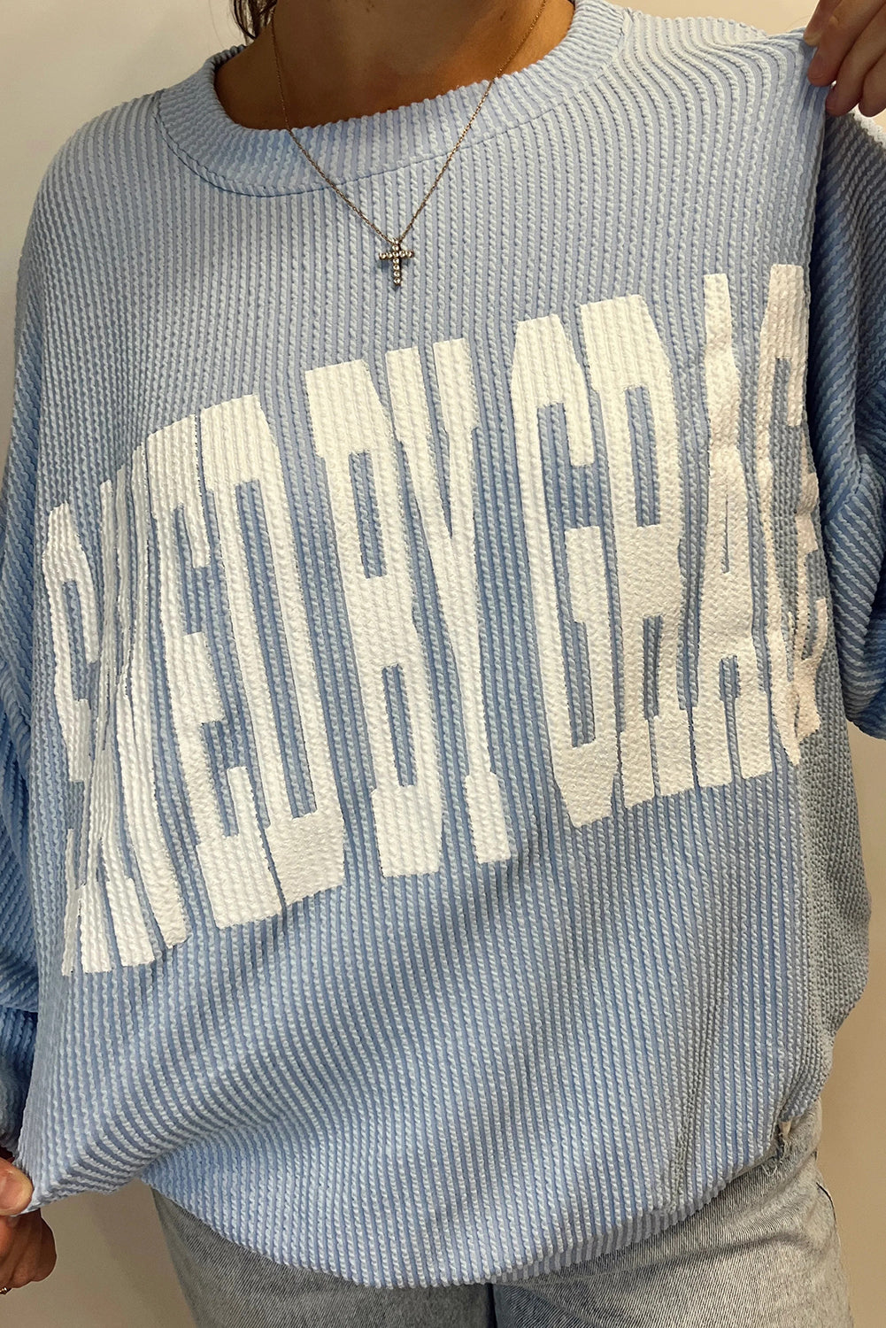Beau Blue GOD IS LOVE/ SAVED BY GRACE Letter Print Twisted Ribbed Loose Top
