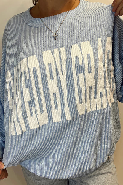 Beau Blue GOD IS LOVE/ SAVED BY GRACE Letter Print Twisted Ribbed Loose Top