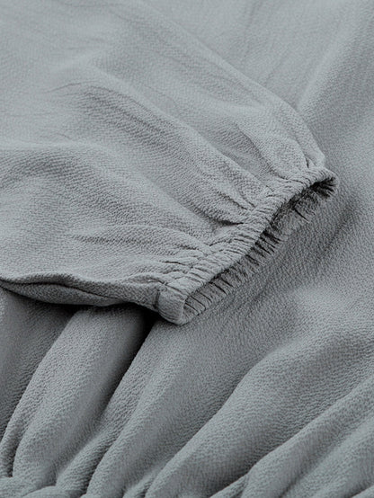 Stylish Pleated V-Neck Dress with Belt and Short Sleeves