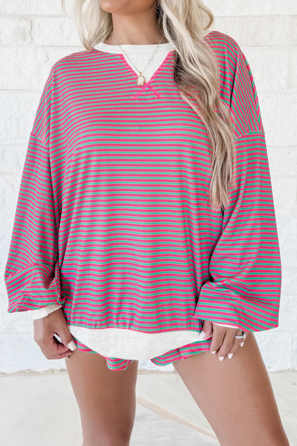 Rose Stripe Drop Shoulder Bubble Sleeve Pullover and Drawstring Casual Shorts Set