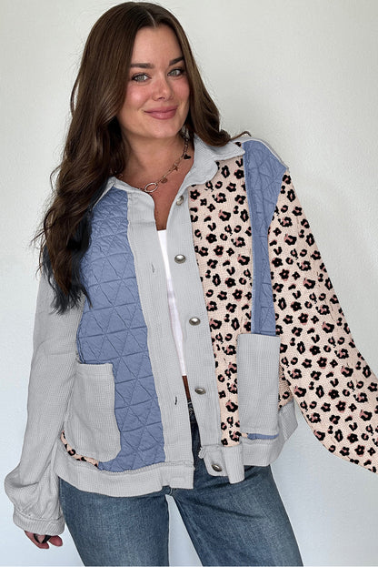 Sky Blue Leopard Waffle Quilted Patchwork Button Front Jacket