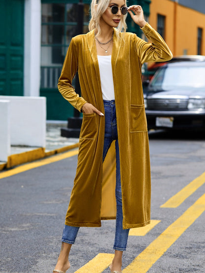 Golden Mustard Plush Open Front Pocketed Maxi Cardigan