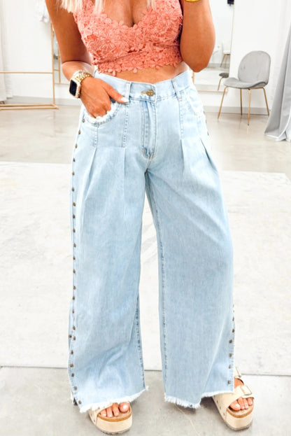 Beau Blue Studded Side Detail Split Leg Frayed Pocketed Wide Leg Jeans