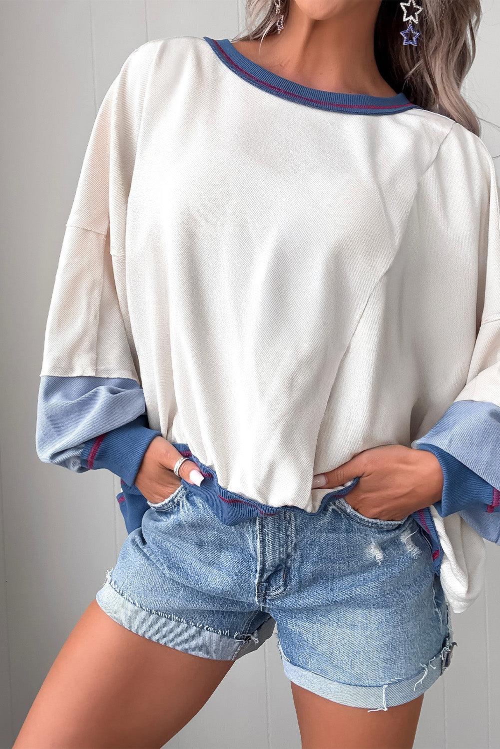 Beige Colorblock Contrast Trim Oversize Sweatshirt